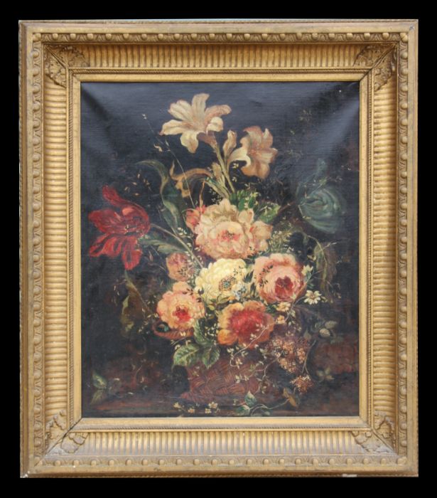 Victorian school - Still Life of Flowers in a Basket - oil on canvas, framed, 48 by 58cms.