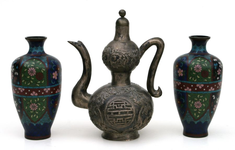 A pair of Japanese cloisonne vases, 15cms high; together with a Chinese white metal wine ewer - Image 2 of 2