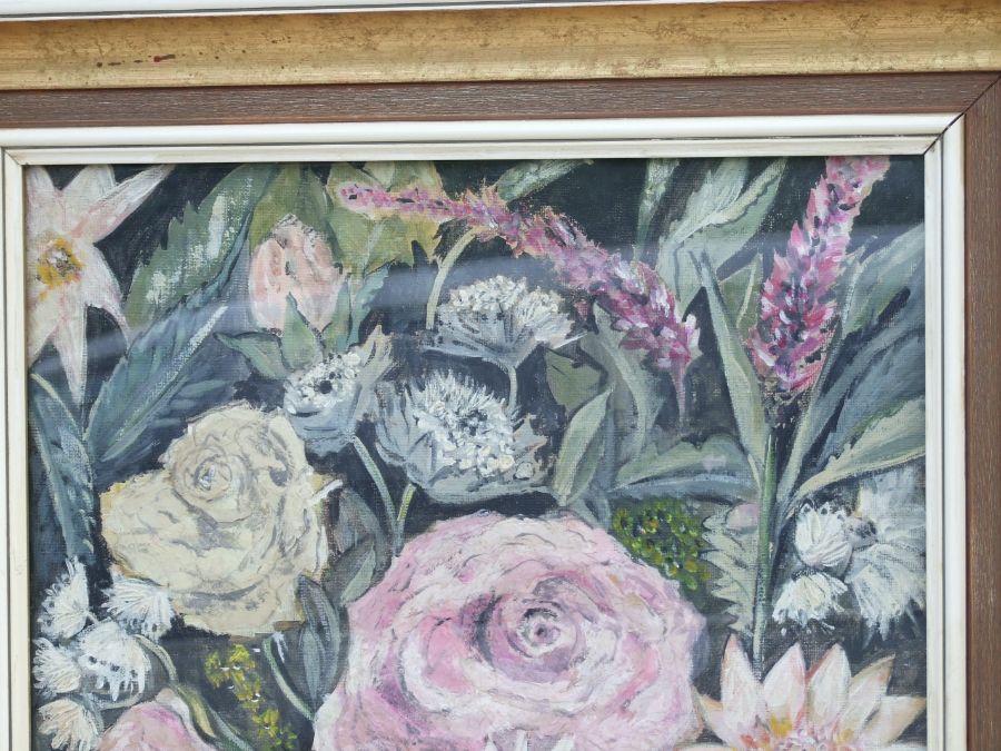Modern British - Still Life of Cabbage Roses - oil on canvas, framed & glazed, 39 by 49cms. - Image 2 of 5