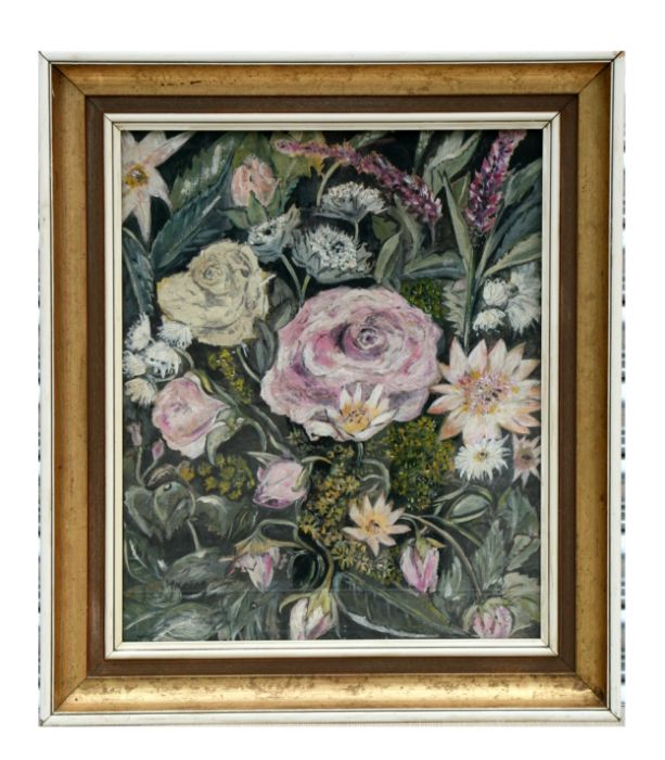 Modern British - Still Life of Cabbage Roses - oil on canvas, framed & glazed, 39 by 49cms.