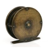 A Farlow & Co. Ltd brass centrepin fishing reel with brass foot and ivory handle, 9cms diameter.