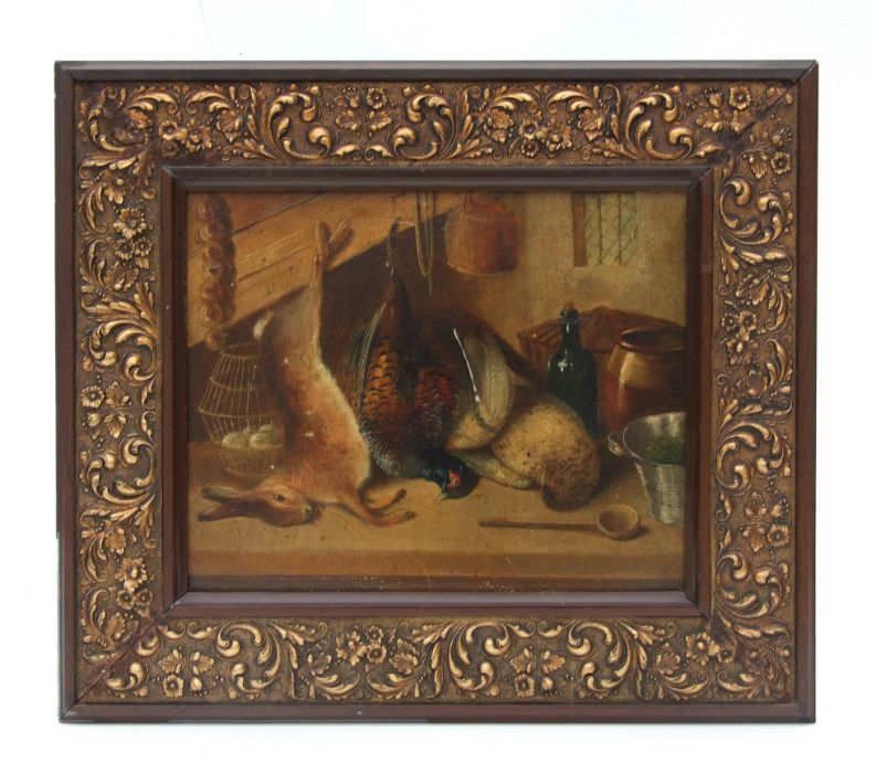 19th century school - Still Life of Dead Game in a Larder - oil on panel, framed, 29 by 23cms.