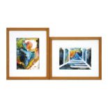 A pair of modern British abstract watercolour paintings, framed & glazed, 17 by 24cms and 24 by
