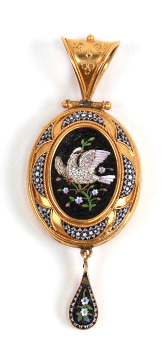 A 19th century Italian yellow metal (tests as gold) micromosaic pendant, the oval panel decorated