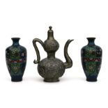 A pair of Japanese cloisonne vases, 15cms high; together with a Chinese white metal wine ewer