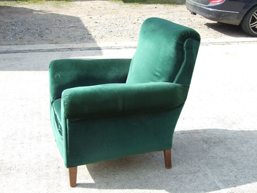 An Edwardian dark green upholstered armchair on square tapering front supports. - Image 3 of 3