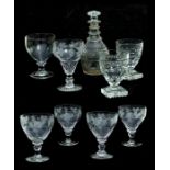 A set of four rummers with knopped stems and grape and vine engraved decoration; together with