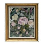 Modern British - Still Life of Cabbage Roses - oil on canvas, framed & glazed, 39 by 49cms.