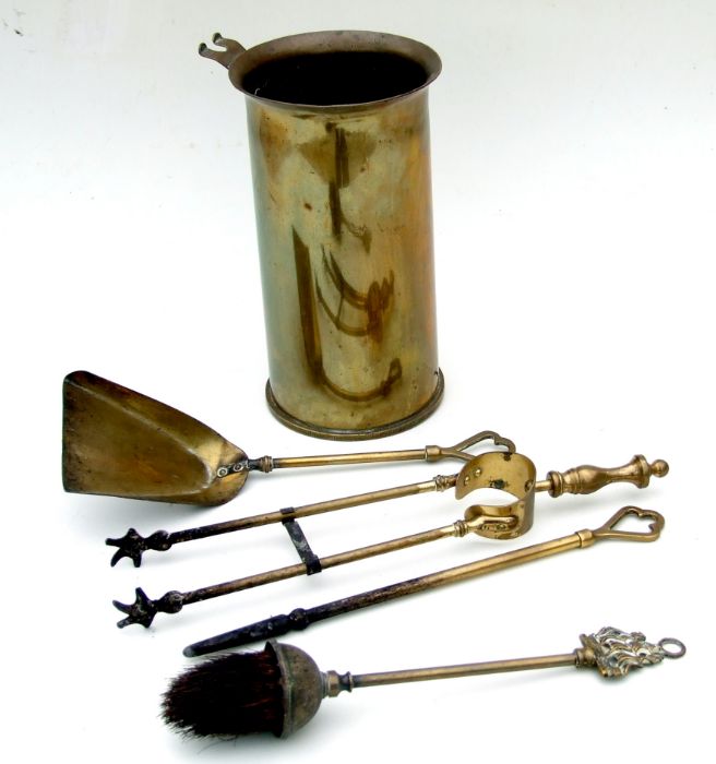 1942 dated brass shell case trench art fireside companion set with tools. Overall height of shell