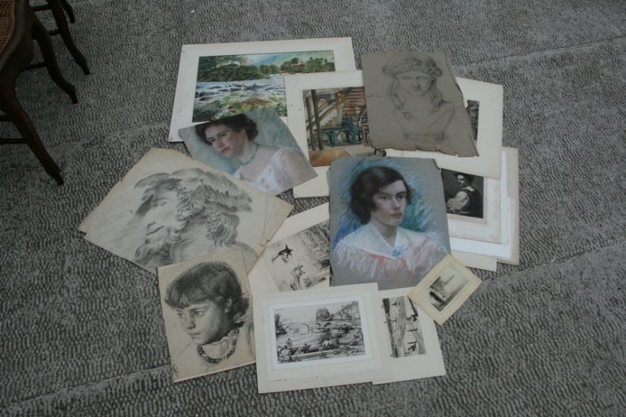 A quantity of various oil and watercolour paintings to include portraits, landscapes, drawings and - Image 4 of 5