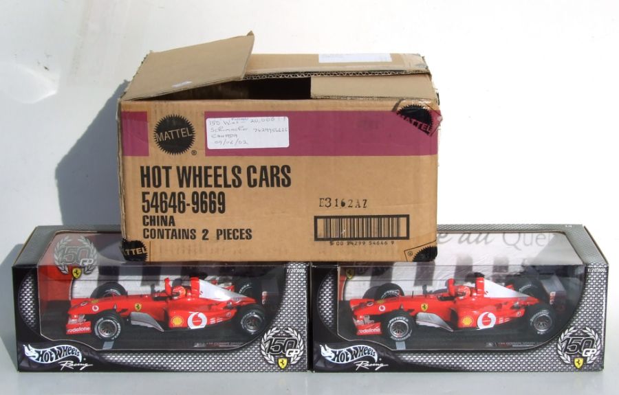 Two Hot Wheels 1:18 scale new old stock Michael Schumacher 150 Ferrari Grand Prix wins, limited