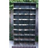 A mid century industrial metal 32-pigeon hole freestanding cabinet, 92cms wide; and a similar 8-