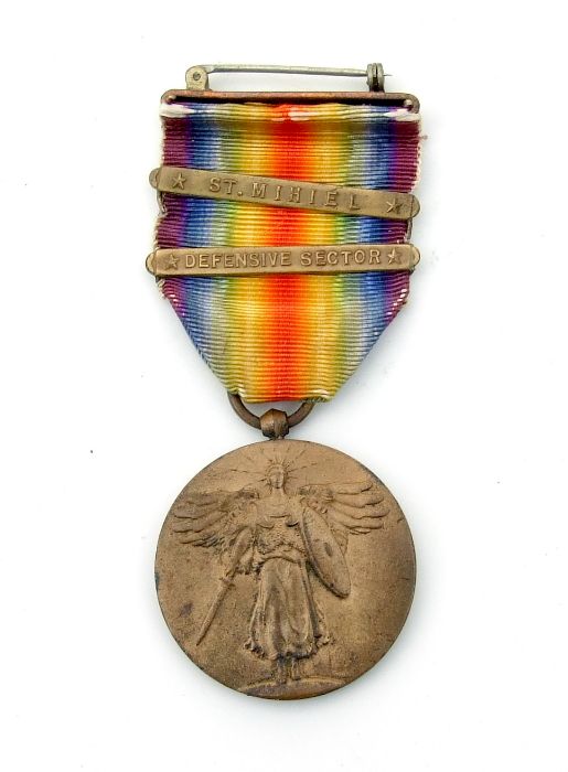 A WWI USA Victory Medal with Defensive Sector & St Mihiel clasps awarded to Raymond L Harris with - Image 3 of 3