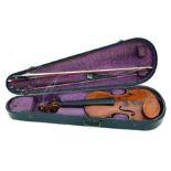 A one-piece back violin, overall length approx 60cms; together with two bows, in an ebonised pine