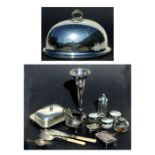 A silver plated meat dome; together with a Walker & Hall silver plated vase; and other silver plated
