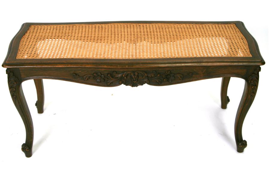 A French stained beech window seat with caned seat, 101cms wide.Condition ReportCane seat in good