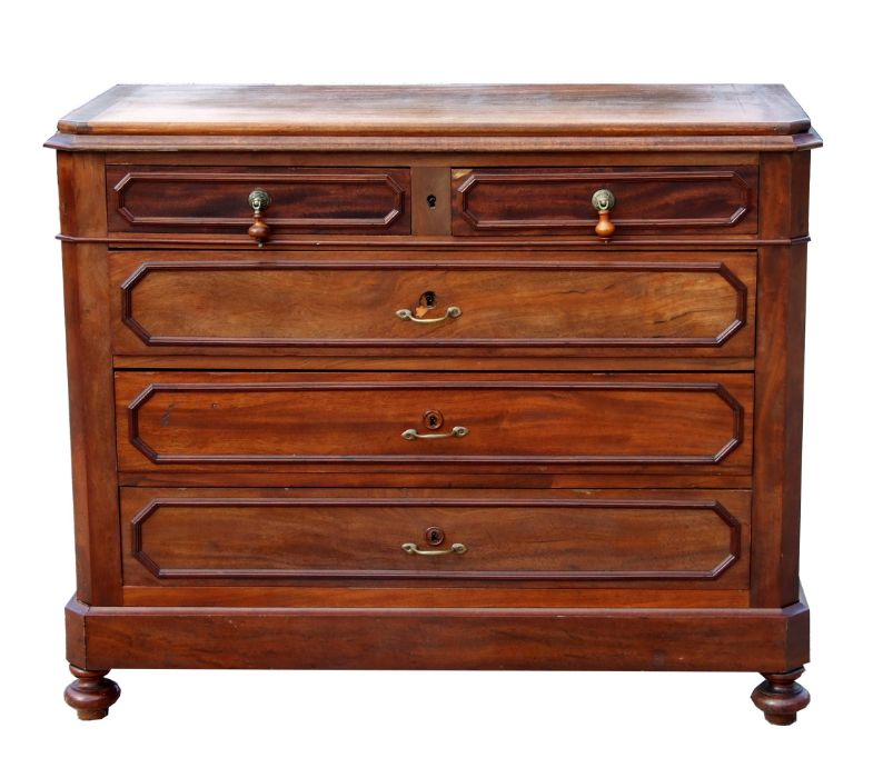 A continental walnut chest of two short and three long drawers standing on turned feet. 113cm wide
