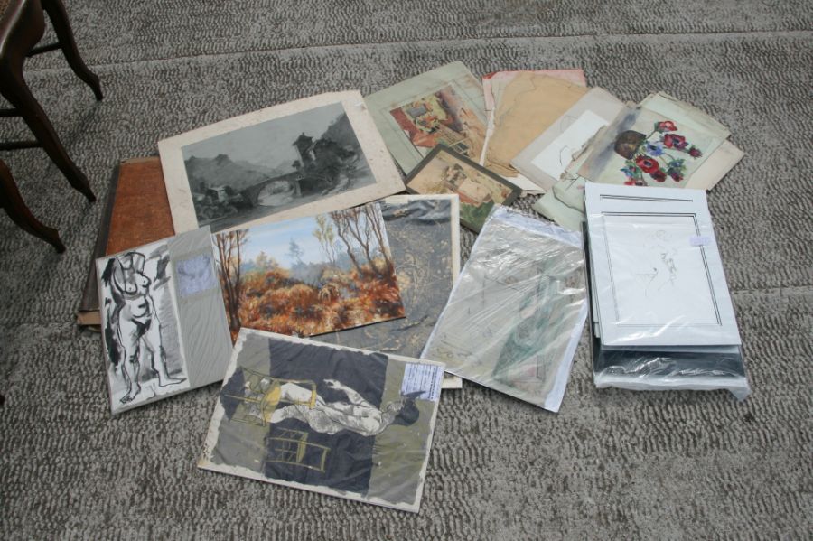 A quantity of various oil and watercolour paintings to include portraits, landscapes, drawings and - Image 2 of 5