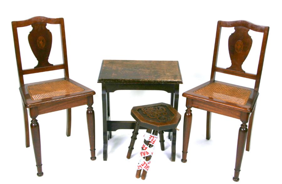 A pair of hall chairs; together with two stools (4).