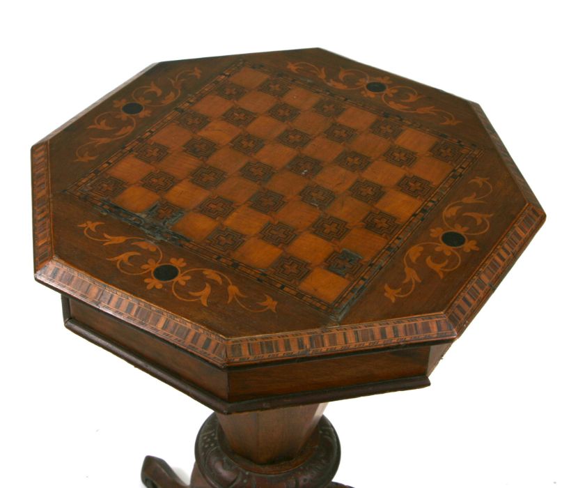 A Victorian walnut trumpet sewing box, the octagonal top with Tunbridgeware inlaid decoration and - Image 3 of 3