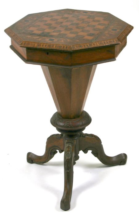 A Victorian walnut trumpet sewing box, the octagonal top with Tunbridgeware inlaid decoration and