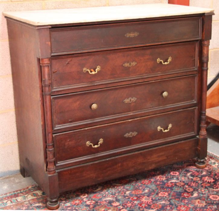 A Louis XVI style mahogany chest of drawers with rectangular marble top above four graduated - Image 2 of 2