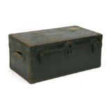 A metal bound ebonised travel trunk, 79cms wide.