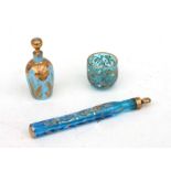 A Bohemian Moser turquoise glass scent bottle with gilt decoration, 8.5cms high; together with a