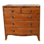 A 19th century mahogany chest of two short and three long graduated drawers, on splay front feet,