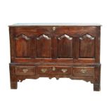 An 18th century Welsh oak mule chest, the panelled front above three drawers, 142cms (56ins) wide.
