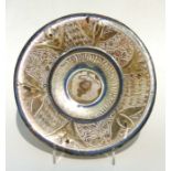 An Hispano - Moresque lustre dish, the rim with drilled hole and with old stapled repairs, 34cms