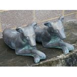 A pair of bronzed recumbent greyhounds, each approx 60cms long (2).