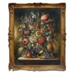 Van Rijma - Still Life of Flowers and Fruit - oil on canvas signed 78 lower right, framed, 62 by