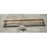 A large cast iron and pine kitchen utensil hanger, 210cms wide.