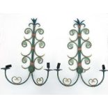 A pair of French style painted metal twin branch wall lights with floral decoration (2).