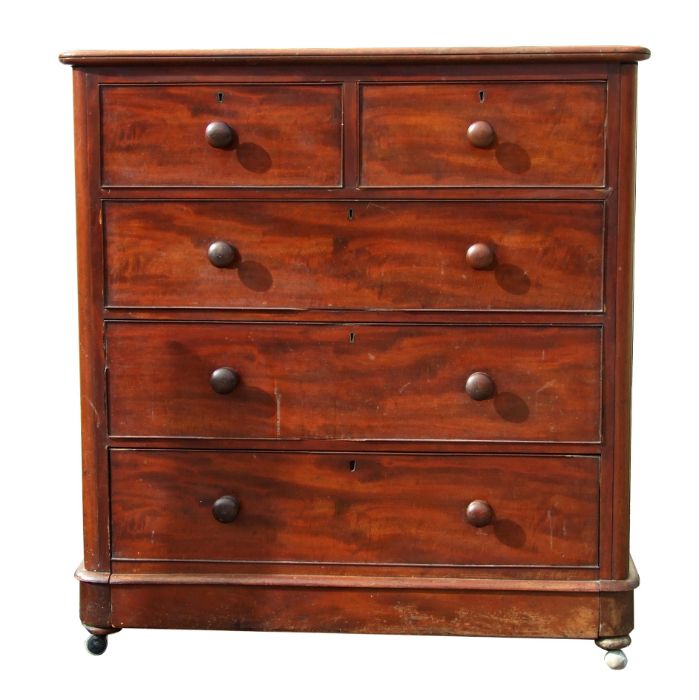 A Victorian mahogany chest of two short and three long drawers, on a plinth base, 120cms wide.