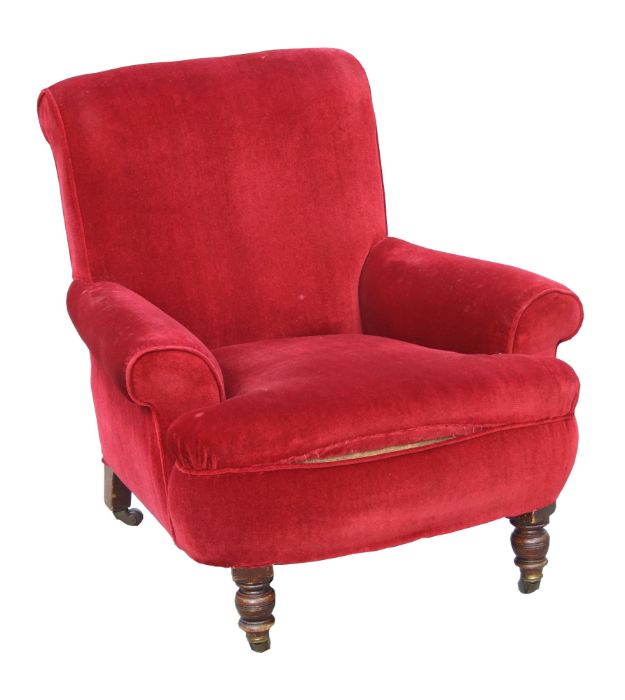 A Victorian red upholstered armchair on turned front supports.Condition Reportgood overall condition