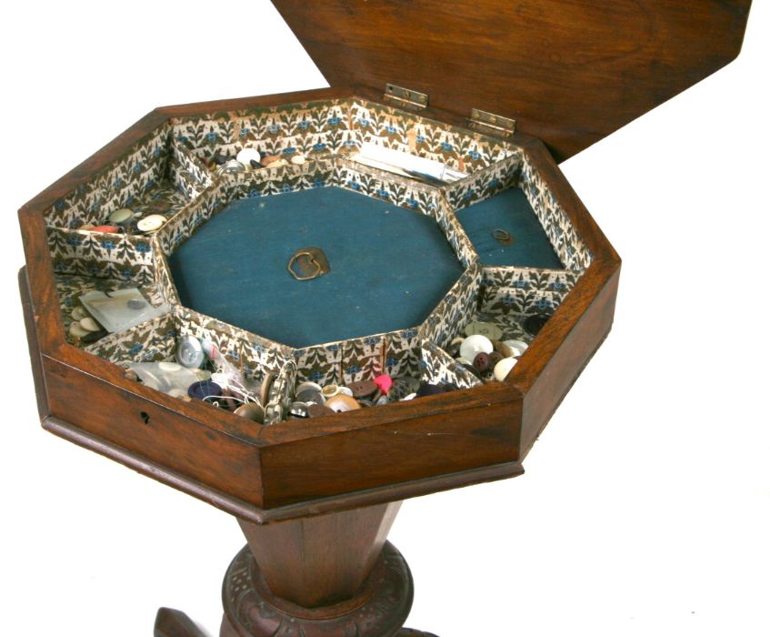 A Victorian walnut trumpet sewing box, the octagonal top with Tunbridgeware inlaid decoration and - Image 2 of 3