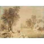 19th century English school - River Landscape with Figures on a Tow Path - watercolour, framed &