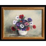 D Kimber - Still Life of Anemones - oil on canvas, signed lower right, framed, 35 by 25cms.