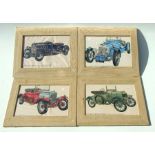 A set of four coloured motoring prints, 1912 Benz Grand Tourer, 1933 Aston Martin Le Mans GX72, 1913