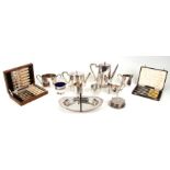 A four piece silver plated tea set together with other silver plate