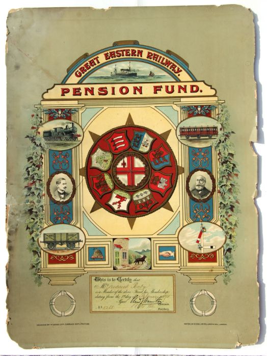 A Great Eastern Railway Pension Fund Membership, dated February 1895, number 5268, overall 46 by