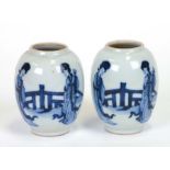 A pair of Chinese blue & white vases of ovoid form, decorated with figures in a landscape, 9cms