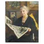 20th century British school - a half length portrait of an Edwardian lady reading the Daily Mail,