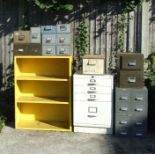 A mid century industrial metal open bookcase, 72cms wide; a bank of 8 Art Metal London, 36cms wide