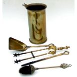 1942 dated brass shell case trench art fireside companion set with tools. Overall height of shell