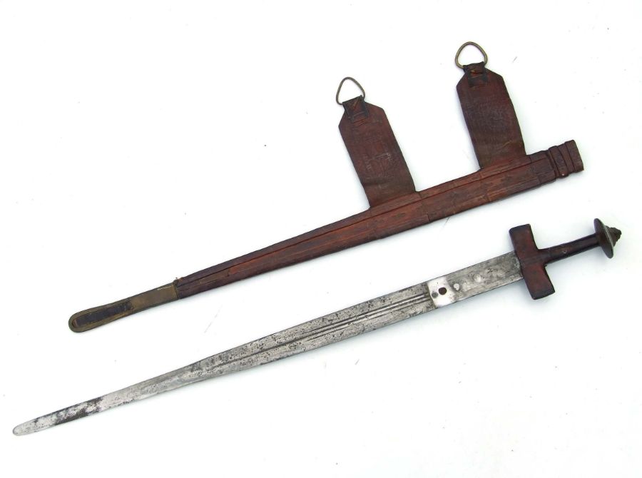 A North African sword in a tooled leather scabbard, 89cms long. - Image 2 of 7