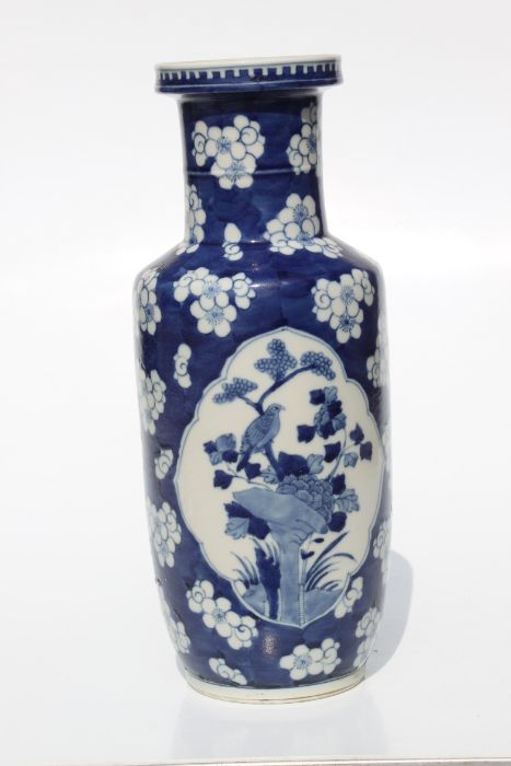 A Chinese blue & white rouleau vase decorated with birds and precious objects within panels, on a - Image 3 of 18