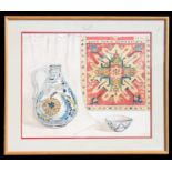 Modern Armenian school - Still Life of Iznik Pottery and Armenian Script - watercolour, signed &